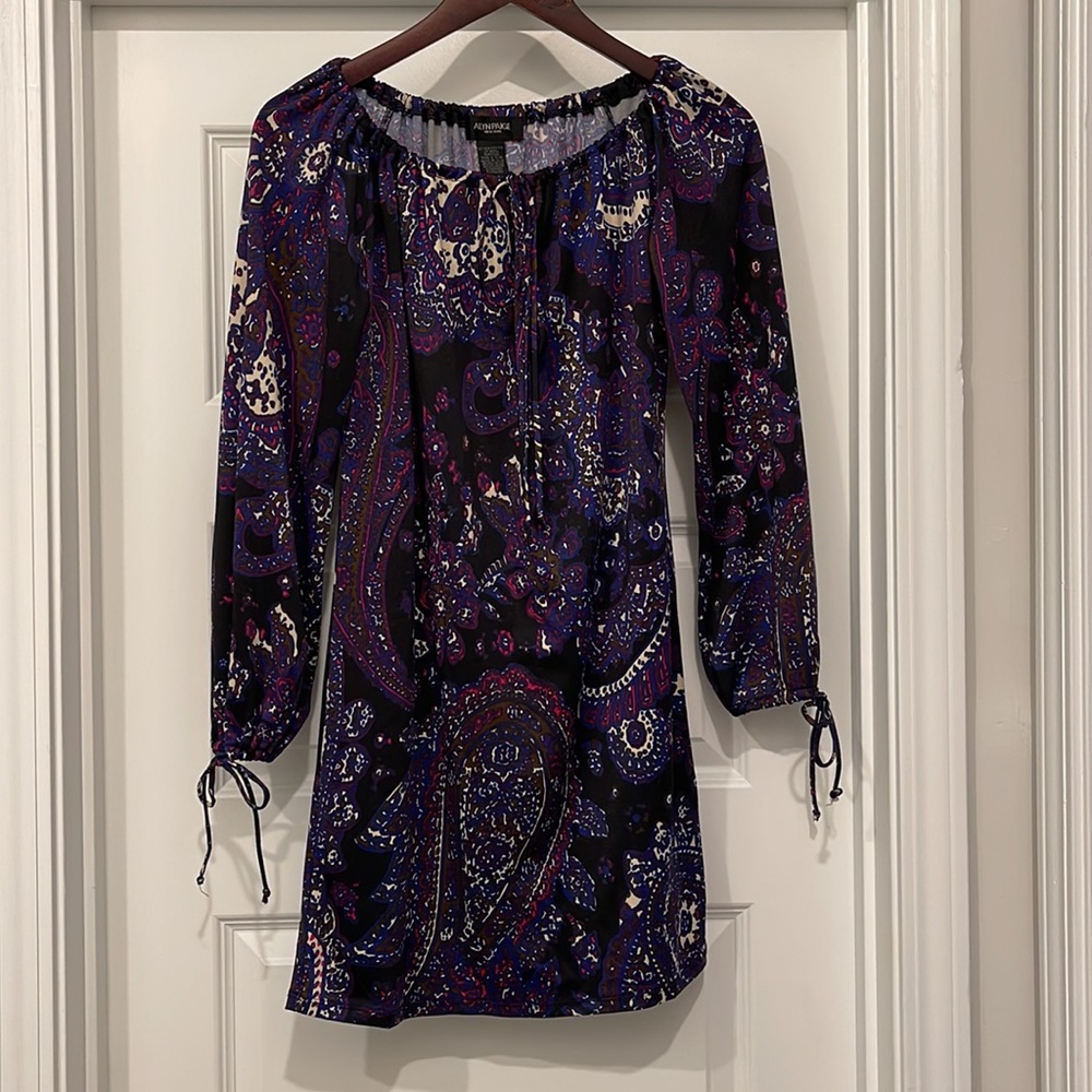 silky purple and black paisley print dress